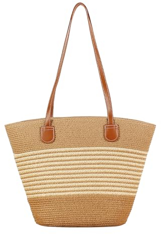 Faletony Stroh Strandtasche Flechttasche Damen Schultertasche Strohtasche Groß Umhängetasche Sommer Shopper Handtasche Korbtasche für Strand Reise Einkauf (Weiße Streifen)