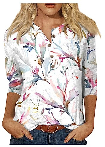 Hemdbluse Damen 3/4-Ärmel-Blusen Henley-Ausschnitt Klassisch Tops | Geschnittenes T-Shirt mit Blumen Bedruckt Button Down Blusen(In Übergrößen Erhältlich)