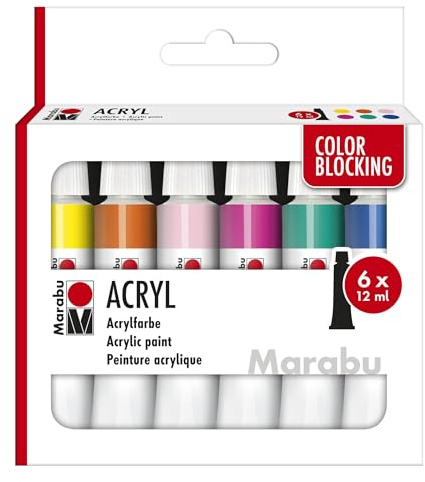 Marabu Acrylfarben Set COLOR BLOCKING, 6 x 12 ml seidenmatte Farben, leicht vermalbar, schnell trocknend, lichtecht, wetterfest, für viele Maltechniken und Untergründe, 1210000000213, 6 Basicfarben