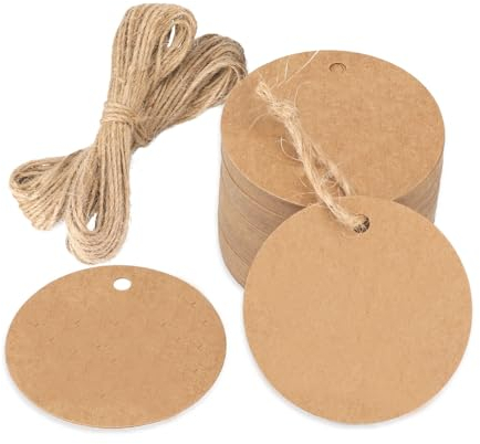 HIOQFR 150 Stück Geschenkanhänger Kraftpapier Rund 5cm - Papier Blanko Kleine Papieranhänger zum Beschriften - Kärtchen Gift Tags Hängeetiketten Mit 20m Jute Schnur