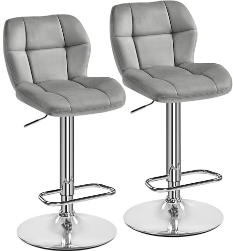 Yaheetech Juego de 2 Taburetes de Bar Modernos de Altura Ajustable Pack 2 Sillas de Bar de Terciopelo Silla Alta Giratorio 44×50.5×89cm Gris Claro Póliester