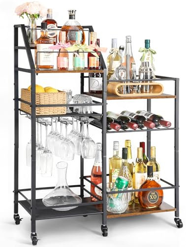Weinregal Freistehend, Großer Flaschenregal Rollender Bar Wagen Mit Display Weinlagerung Weinschrank für Heimdekoration, Wein-Whiskey-Minibar, Schnaps-Wagen-Weinglashalter für Küche, Esszimmer