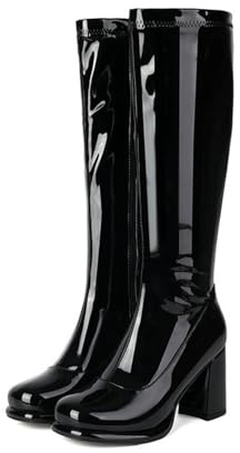 LMUIPMAA Femmes Mode Genoux Bottes Cuir Verni Cuir Talon Bloc Bottes Longues Fermeture Éclairper Fête Danse Chaussures,Noir,48 EU