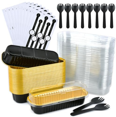 CENBEN 50Pcs Mini Loaf Pans with Lids and Spoons,200ml Heat Resistant Rectangular Aluminum Foil Baking Pans,Mini Aluminum Foil Baking Cups with Lids and Sealing Sticker for Bread Cake Pudding,Black