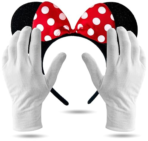 Set of 2 Minnie Mouse Ears - Costume Set with Gloves and Mouse Ears for Women for Fancy Dress and Carnival