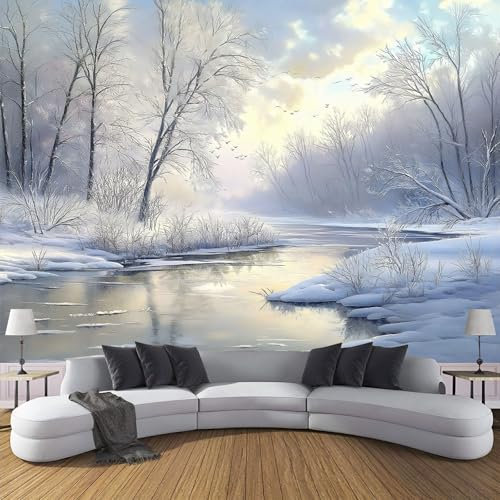 Papier Peint Panoramique Soie Sur Mesure, 3D Motif Hiver Papier Forêt Paysage De Neige Muraux Tapisserie Photo Décoration, 396X280Cm (L×H) Chambre Adulte Enfant Poster Geant Mural