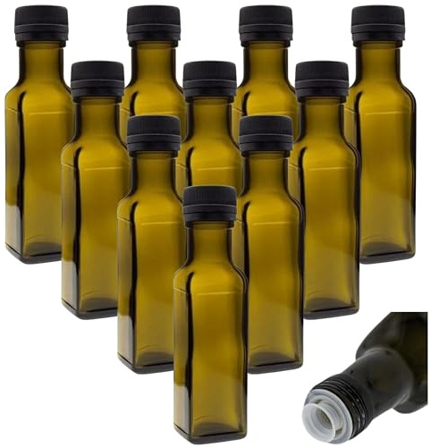 mikken 10x kleine Ölflasche 100ml mit Ausgiesser grün/braune Glasflaschen inkl. Etiketten