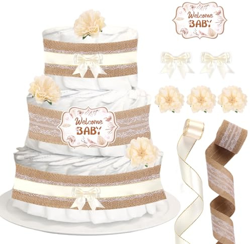 Cake Decorations, Baby Shower Birthday Party Diaper Cake Supplies Cream Color, Include Ribbon, Bow Tie, Cake Cards, Artificial Flowers(Diapers Not Included)