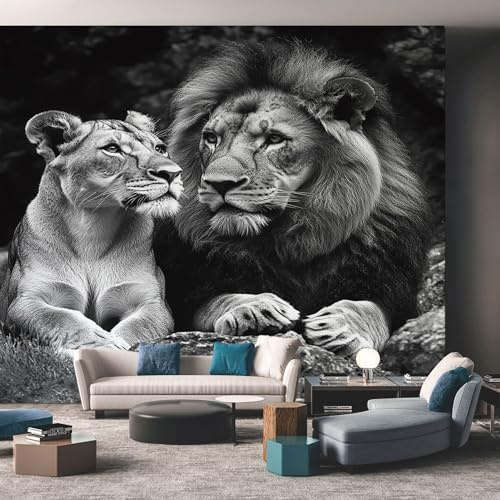 Fototapete Vlies Tapete Löwe Wildtiere Paar Fototapeten Vliestapete Tapeten Moderne Wandtapete, Wohnzimmer, Flur, TV Hintergrund Wandtapete Poster Bilder Wand Deko, 400 x 280cm (B×H)