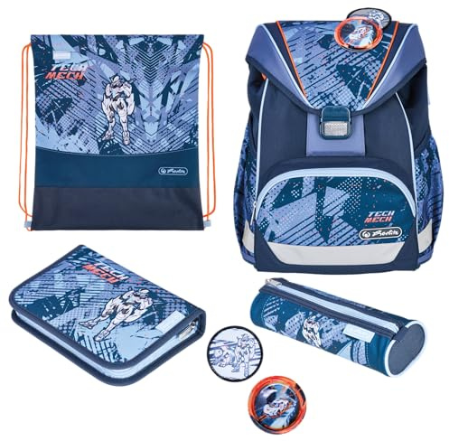 herlitz Schulranzen Set 6-teilig Tech Mech Ergonomische Ultraleichte Schultasche 1.Klasse Junge Mädchen Kinder 16 L, Blau | Blau, 16l, Ergonomisch, Ultraleichte Schultasche, Roboter