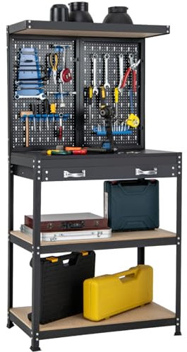 HOMFME Work Bench with Pegboard, Metal Garage Workbench with 13 Hanging Accessories, 2 Drawers, Heavy Duty Tool Storage Workstation for Warehouse Workshop, 290kg Capacity (Black + Blue, 81x41x156cm)