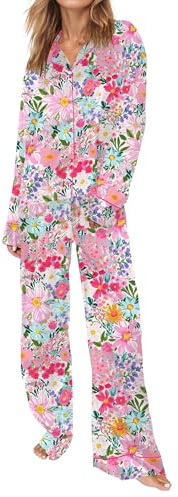 SHESHOW Satin Womens Pajama Set Long Sleeve Button Down 2 Piece Loungewear Floral Print Silk Pj Sets for Woman Size XS
