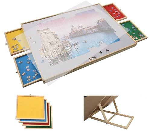 FlinQ Table de Puzzle Inclinable avec Plateaux de Rangement – Plateau à Puzzle en Bois pour 1500 Pièces – Support avec 4 Tiroirs – Planche Pliable 89x68 cm