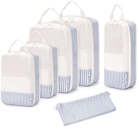 Narwey 6 set kompressionsförpackningskuber för ryggsäck och resväskor, randiga reseorganiserare, packväskor för handbagage rese nödvändigheter väska för kvinnor och flickor (gråblå randig)