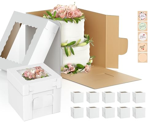 10 Inch Tall Cake Box Corrugated (10-Pack), White Cardboard Cake Boxes with Lid, Large Bakery Packaging, Sturdy Carrier for Secure Transport of Tiered Cakes, Birthday, Wedding, Party, Celebration