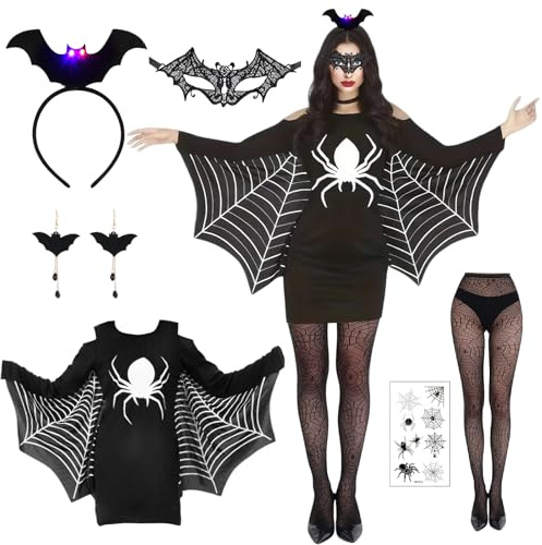 6 Stück Halloween Spinne Kostüm, Halloween Kostüm Damen, Spinne Kostüm Damen, Faschingskostüme Spinnenkostüm mit Maske Haarreifen Netzstrümpfe Ohrringe für Erwachsene Halloween Karneval Cosplay Party