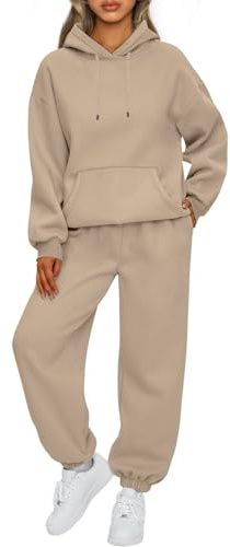 NLAND Chandal Mujer Invierno con Forro Polar Conjunto Deporte 2 Piezas con Capucha Sudadera y Pantalones Casual de Otoño Invierno,Caqui M