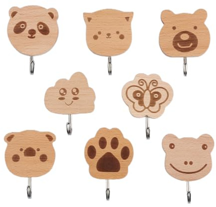 XFSRG Ganci Adesivi Cucina in Legno per Bambini Ganci Appendiabiti da Parete con Design Animali Carini Appendini da Muro per Casa e Ufficio Porta Chiavi da Muro Set di 8 Pezzi (8 pezzi)