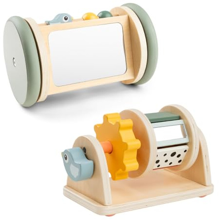 Done by Deer Wooden Spinner Activity Toy and a Rolling Activity Mirror for Tummy Time and Crawling Development – Birdee