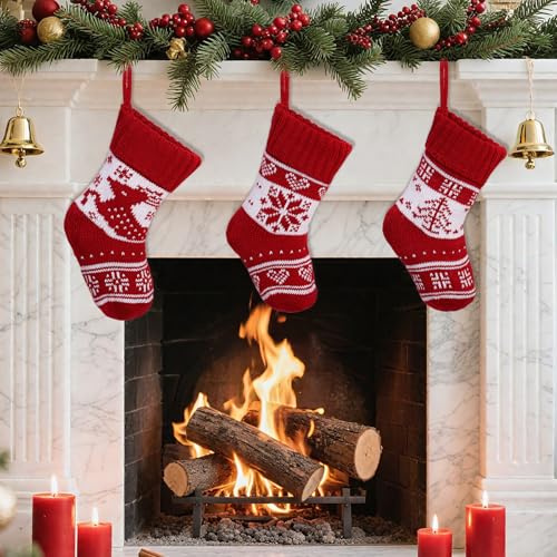 Shyllin Calze Natalizie da Appendere, 3 Pezzi Calze di Natale Maglia, Calza Befana Vuota Personalizzate, Calze Natale Camino da Riempire, Decorazione per Albero di Natale Sacchetti Regalo