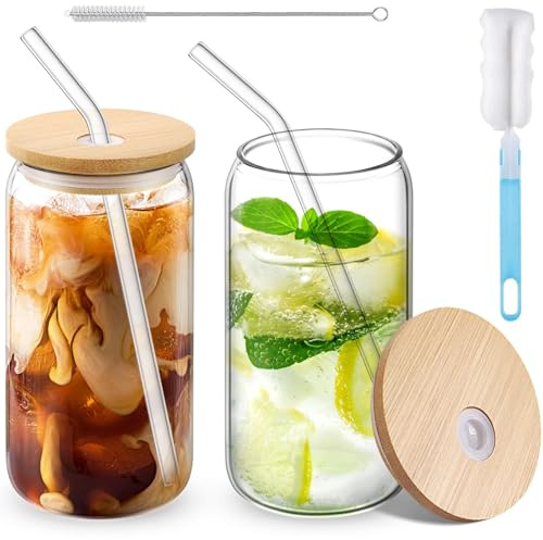 Eidoct 2 vasos vacíos con forma de lata de 400 ml, vasos en forma de lata con tapas de bambú herméticas, pajitas de vidrio y cepillo de limpieza de popote, vaso de café helado para batidos, cerveza