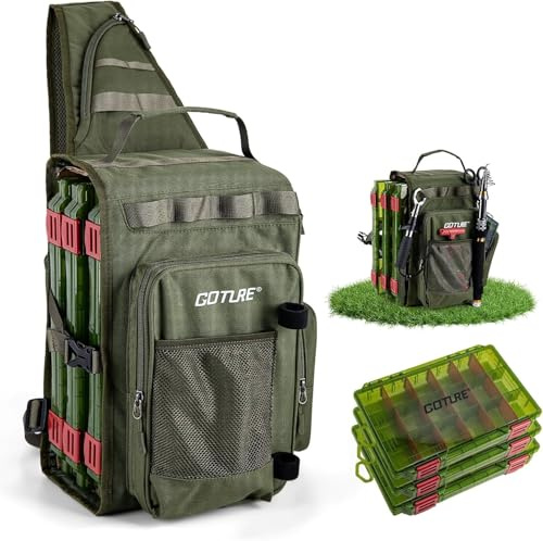 Goture Angeltasche mit 3 Köderbox Angeln, Angel Taschen mit einem Riemen, 900D Oxford, mehrere Taschen, Wasserdicht, Crossbody-Brusttasche für Wandern, Camping, Reisen
