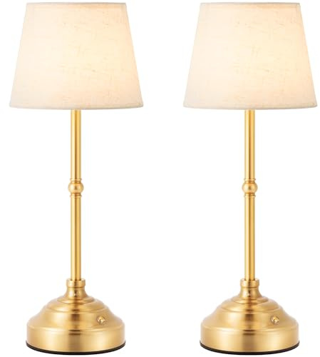 keysays 2 Pack Cordless Table Lamp, Rechargeable Desk Lamp with Fabric Shade, Battery Operated Lamp 3 Color Stepless Dimming, Small Touch Bedside Lamp Home Decor for Dining, Counter (Brushed Gold)