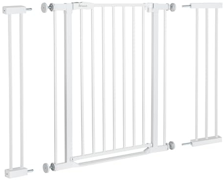 hauck Clear Step 2 + 1x9 cm +1x21cm Verlängerung, Weiß - Kinderschutzgitter Hundegitter, Verstellbare Breite 105-110 cm, 77 cm Hoch, Flacher Einstieg, Einhand Öffnung, ohne Bohren, für Innen