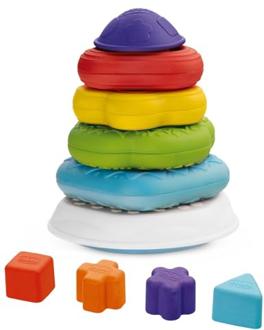 Chicco Torre Anelli 2in1 Gioco Impilabile, Centro attività, Gioco Forme Incastri e Texture Differenti, Sviluppo Manualità e Coordinazione, Regalo Bambino, 6-36 Mesi