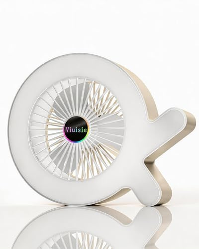 Ventilatore Da Tavolo 2-in-1 Con Luce Rgb E Batteria Ricaricabile Da 2000mAh, USB-C, 3 Velocità Del Vento E 5 Modalità Di Illuminazione, Portatile Per Casa, Ufficio, Campeggio E Camper (Crema Bianca)