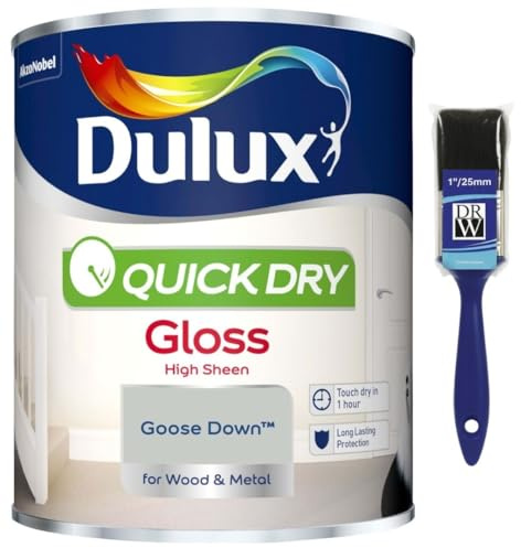 Goose Down Quick Dry Gloss Paint 750ml+1 Paint Brush | Interior Wood and Metal Paint | High Shine Durable Finish | Fast Drying Trim Paint for Doors Skirting Boards Radiators and Furniture