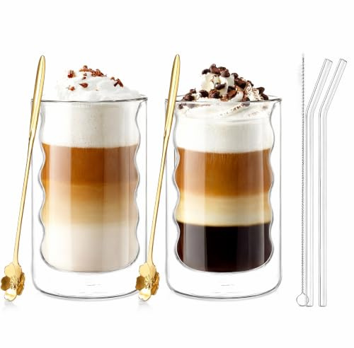 2 Pack Double Walled Coffee Glasses Mugs, 375ml Borosilicate Heat Resistant | Cappuccino Latte Mugs, Ripple Double Layer Glass Mug, Cup with Spoons and Straw, for Home Cafe Office