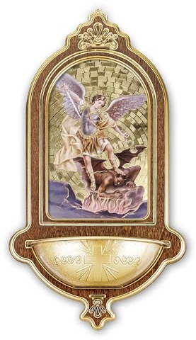 Fratelli Bonella - Acquasantiera in legno con dettagli in oro a caldo di San Michele f.to 13,9 x 25,4 cm