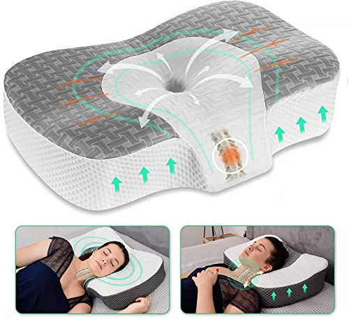 Elviros Cervical Memory Foam Neck Pillow for Side Sleeping, Orthopedic Pillows for Back and Stomach Sleepers, Adjustable Ergonomic Bed Pillow Pain Relief (Grey)