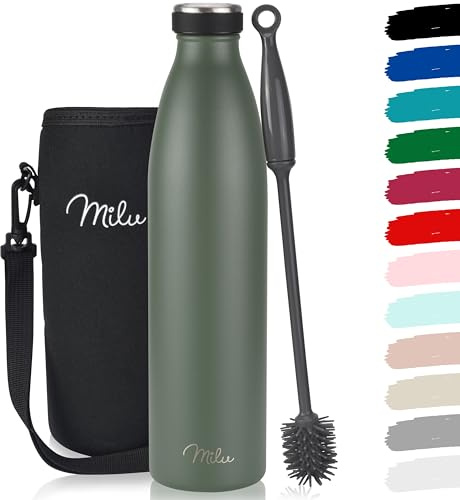 Milu - Thermo in acciaio inox da 350/500/750/1000ml/1,5L borraccia termica, a prova di perdite, a doppia parete, adatta per bevande gassate, con spazzola per la pulizia (Verde oliva, 1L)