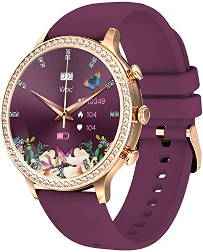 Fitnessuhr Damen Rund,1.32 Zoll Smartwatch Damen mit Telefonfunktion Diamanten Sportuhr mit Blutdruckmessung Schlafüberwachung Pulsuhr Schrittzähler Uhr Damen Fitness Tracker für iOS und Android