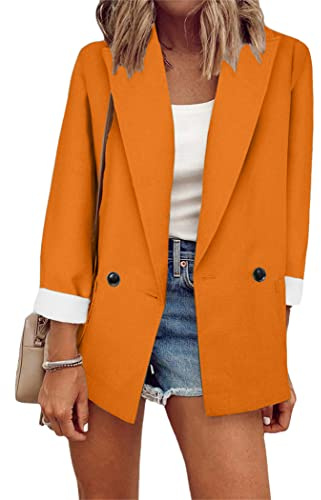 OMZIN Mujeres Casual Frente Abierto Boyfriend Blazer con Bolsillos Trabajo Oficina Chaqueta Cardigan Abrigo Naranja M