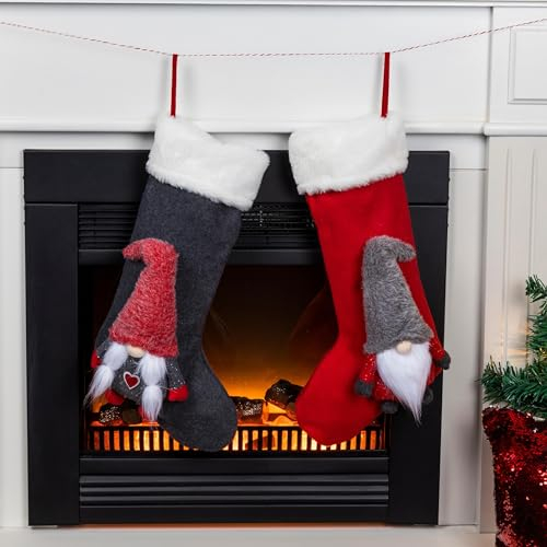 Haushalt International 2er Set Nikolausstiefel zum Befüllen und Aufhängen 50x25 cm - Weihnachtsstrumpf / Nikolausstrumpf mit 3D Wichtel - Christmas Stockings / Weihnachtssocken Kamin Geschenktasche