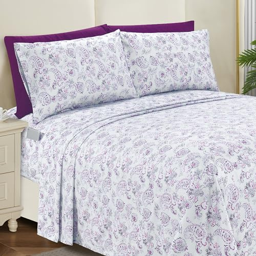 Elegant Comfort Softest and Coziest 6-Piece Sheet Set - 1500 Premium Hotel Quality Microfiber - Deep Pocket, Wrinkle Resistant 6-Piece Paisley Pattern Bed Sheet Set, King, Paisley Purple