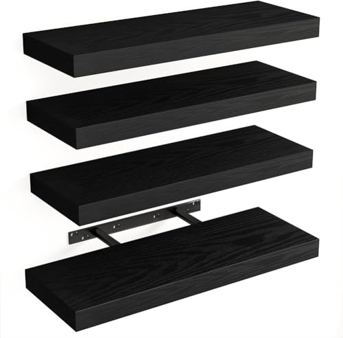 BAKAJI Set 4 Mensole da Parete in Legno Massiccio, Scaffali a Muro Multiuso con Staffe a Scomparsa in Metallo, Scaffalatura per Camera da Letto, Soggiorno, Cucina, Bagno, 40 x 14 x 3 cm (Nero)