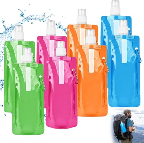 Lunyloer Faltbare Trinkflasche, 8 Stück 480ML Faltbare Flasche, Faltbare Wasserflaschen Set, Faltbare Set Flexible Zusammenklappbare Wasserflaschen für das Wandern Abenteuer,Reisen