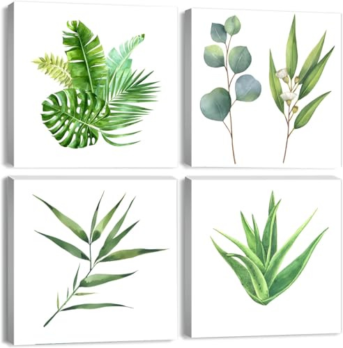 JOFANG 4PCS Fern Botanical Green Canvas Wall Art for Living Room,12x12in | Green Plant Wall Art for Bedroom,Botanical Prints For Bathroom Walls,Kitchen Wall Art Prints
