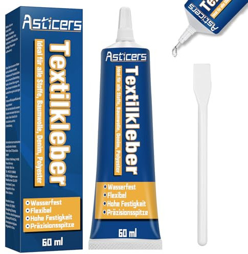 Textilkleber Waschmaschinenfest 60ml, Stoffkleber für Flicken, Klarer Textilkleber für Stoffe für Kleidung Permanent Waschbar, Stoff Kleber für Alle Stoffe, Baumwolle, Denim, Flanell, Polyester