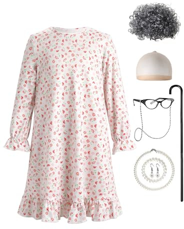 IWEMEK D�guisement Vieille Dame Enfant, Ensemble de Costumes de Vieille Dame avec Perruque de Grand-m�re Grise, Chapeau de Perruque Mamie, Lunettes, Cha�nes de Lunettes, Collier de Perles Blanc 7-8y