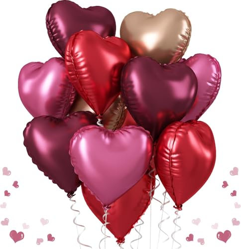 Wine Red Heart Balloons, 18 Inch 12 Pcs Burgundy and Pink Foil Heart Balloon Red and Rose Gold Heart Shape Foil Balloons Party Decoration for Birthday Wedding Valentines Anniversary