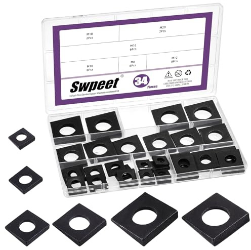 Swpeet 34Pcs 6 tamaños M8 / M10 / M12 / M16 / M18 / M20 galvanizado negro biselado arandelas cuadradas Kit de la variedad, arandelas en forma de cuña en acero al carbono liso para Shim nivelación