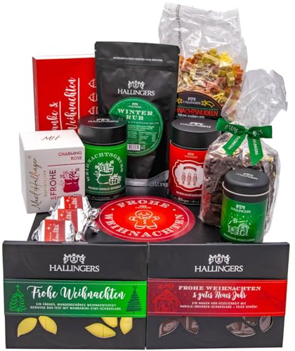 Hallingers Genuss Manufaktur Feinkost Weihnachts-Geschenk-Set - XXL-Geschenkkorb Frohe Weihnachten große Selektion Pralinen, Pasta, Lebkuchen, Nougat, Duftkerze, Tee & mehr, Weihnachten für Frauen