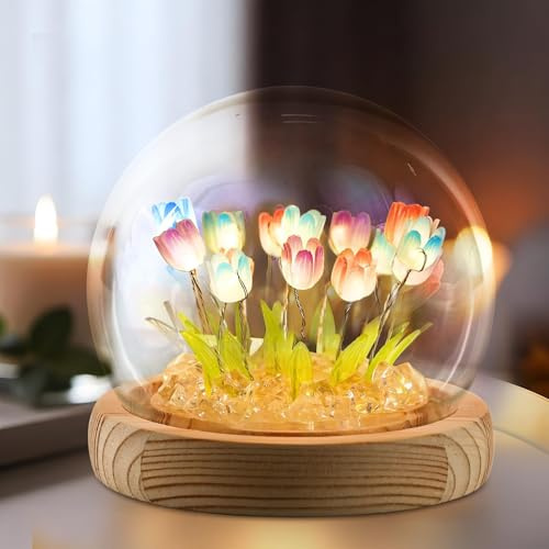 Tulip Night Light - Birthday Gifts for Women, Sister, Mom - Warm White LED Flower Lamp in Glass Dome with Wooden Base - USB/Battery Powered Cute Home Decor for Mothers Day (Multicolor-B-01)