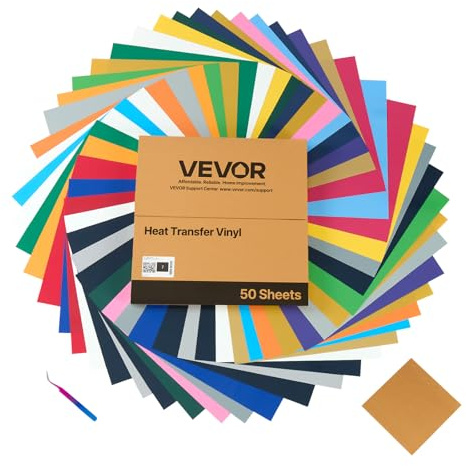 VEVOR pvc-k-vinyl-50 st överföringsfolie (304,8 x 304,8 mm) 50 ark, olika färger, plotterfolie kompatibel med skärmaskiner, påstrykningsfolie för T-shirts kuddar hattar, PVC