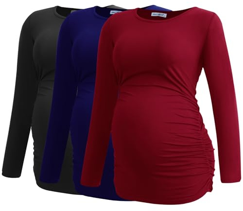 Smallshow kvinnors graviditet toppar långärmade graviditet kläder T-shirts 3-packningar,Zwart-marine-wijn,XL
